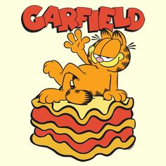 garfield cat sitting on top of a giant piece of cake with the word garfield written above it