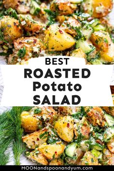 the best roasted potato salad with herbs and parsley on top, in a white plate