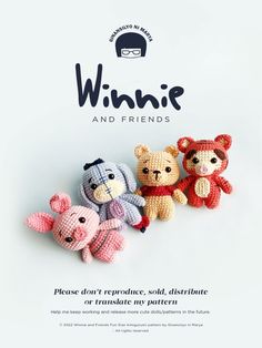 three crocheted teddy bears sitting next to each other with the words winnif and friends above them