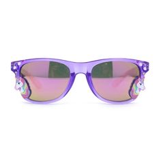 How cute are these? Decked out with a super girly unicorn pin on a traditional horn rim silhouette. Sparkling reflective color mirror lenses are a plus! 100% UV400 polycarbonate lenses will surely protect your girls precious eyes. (a083r) Size: 5 1/4" (132mm) x 1 11/16" (43mm).  Color: Purple.  Gender: female.  Age Group: kids. Unicorn Pin, Sunglasses Purple, Toddler Outdoor, Color Mirror, Baby Backpack, Purple Mirror, Chic Sunglasses, Plastic Sunglasses, Girl With Sunglasses