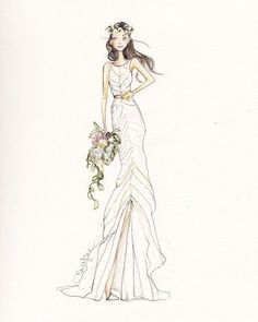 a drawing of a woman in a white dress holding a bouquet and wearing a flower crown