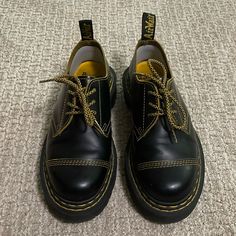 Very Gently Preowned. Excellent Condition. Yellow Laces Yellow Stitching Airwair Soles Refers To The Air Bubbles In The Soles, Using Air Pockets To Give Them Bounce, Comfort And Durability. They Have A Gel Pad Inserted At The Heel That Can Easily Be Removed If Not Needed. Dr Martens Airwair, Platform Shoes Boots, Leather Platform Shoes, Dr Martens Black, Yellow Lace, Air Bubbles, Boots Women, Platform Shoes, Dr. Martens