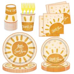 an orange and white tableware set with the words little sunshine on it