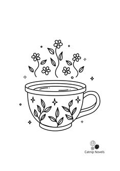 a black and white drawing of a cup with flowers in it