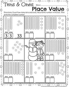 worksheet for the ten and ones place value game with snowmen on it