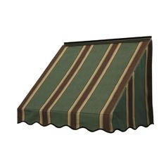 a green and brown striped awning on a white background with the bottom half closed