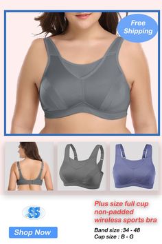 Plus size full cup non-padded wireless sports bra. Sizes are from 34B up to 48G. Supportive Sports Bra With Breathable Fabric, Sports Bra With Full Coverage And Medium Bust Support, Sports Bra With Medium Bust Support And Full Coverage, Sports Bra With Medium Support And Full Coverage, Full Coverage Workout Bra, Supportive Full Coverage Sports Bra, Breathable Supportive Sports Bra, Supportive Sporty Nursing Bra For Gym, Sporty Full Coverage Nursing Bra