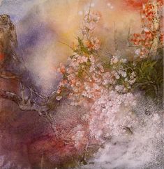 an artistic painting with flowers and branches in the foreground, watercolor on paper