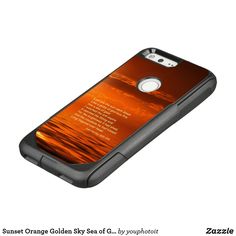 an orange and black phone case with the words sunset orange glow sky sea by youphotor