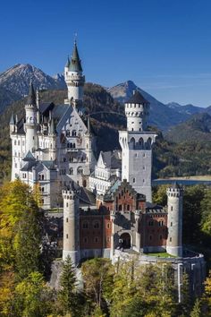 an aerial view of a castle in the middle of trees with mountains in the background