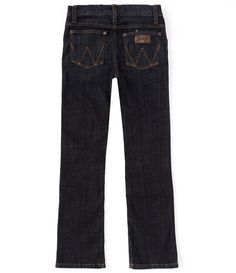 From Wrangler®&#x2C; these jeans feature:BootcutSlim seat and thighsZippered fly with button closureBelt loopsSits lower on the waistTwo front pockets; one with a coin pocketTwo back pockets with "W" stitching detailBootcut/fits over bootsCotton/spandex stretch denimMachine wash/tumble dryImported. Large Jeans, School Pants, Bootcut Pants, Fit Ideas, Boys Jeans, Big Boys, Rodeo, Cotton Spandex, Stretch Denim