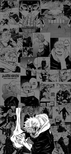 an anime scene with many different images and characters in black and white, including one man holding