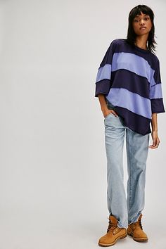 A modern take on a wardrobe staple, this easy tee from We The Free is featured in an oversized style with wide stripes and exposed seams. **Fit:** Relaxed, oversized **Features:** Comfy cotton fabrication, classic crew neckline, drop-shoulder short sleeves, wide stripes, exposed seams **Why We | We The Free Maddie Tee at Free People in Blue, Size: S Exposed Seams, Wide Stripes, Oversized Style, Small Bust, Timeless Classic, Fashion Tees, Tee Shop, Boho Outfits, Drop Shoulder