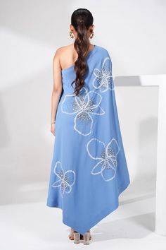 Dusty blue one shoulder dress with placement floral pattern, contrast thread, sequin and bead embroidery. - Aza Fashions Blue One Shoulder Dress, Womens Floral Dress, Fashion App, Bead Embroidery, Dress For Women, Flared Sleeves, Dusty Blue, Aza Fashion, Beaded Embroidery