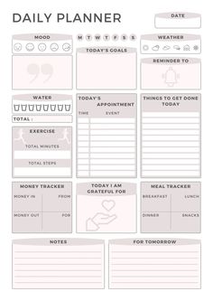 the daily planner is shown in grey and white, with notes on each page to help you