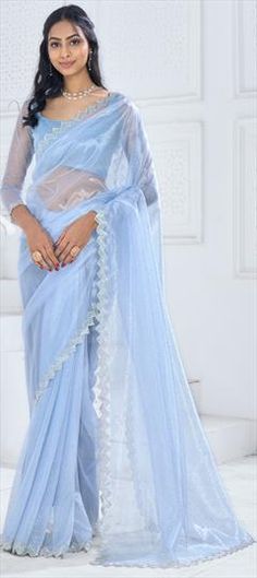 Blue color Saree in Organza Silk fabric with Stone, Swarovski work Formal Blue Saree, Formal Blue Saree With Resham Embroidery, Blue Organza Saree With Cutdana, Blue Organza Saree With Cutdana Detail, Light Blue Saree With Sheer Dupatta For Wedding, Blue Lace Work Dupatta For Wedding, Blue Resham Embroidered Saree For Wedding, Blue Saree With Resham Embroidery For Wedding, Blue Party Dupatta With Lace Work