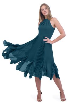 The cha-cha is built in to a pretty pleated party dress that demands to be showcased on the dance floor. 46" length Hidden back-zip closure Halter neck Sleeveless, with cutaway shoulders Lined 100% polyester Hand wash, dry flat Imported A-line Midi Dress With Accordion Pleats For Party, Pre-draped Pleated Chiffon Dress, Fitted Knee-length Pleated Dress For Night Out, A-line Pleated Dress With Ruffles For Party, Fitted Pleated Dress With Accordion Pleats For Gala, Fitted Pleated Dress With Accordion Pleats For Cocktail, Fitted Midi Dress With Accordion Pleats For Evening, Fitted Accordion Pleats Midi Dress For Evening, Fitted Knee-length Pleated Evening Dress