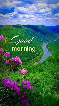 the words good morning are written in green and purple flowers on top of a mountain