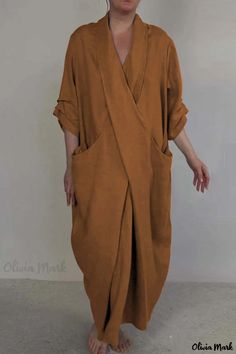 Olivia Mark - V Neckline Half Sleeve Maxi Dress for Women's Vacation Wear Fall Winter Dresses, Half Sleeve Dresses, Linen Style, Dress Store, Caramel Color, Sleeve Dresses, Daily Dress, Long Dresses, Long Blouse