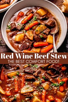 red wine beef stew in a white bowl with carrots and parsley on the side