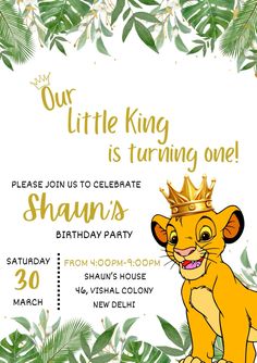 Simba Theme Birthday Party, First Birthday Digital Invitations, Lion Themed Birthday Party, Lion Birthday Theme, Lion King Birthday Party Invitations, Lion King 1st Birthday Invitation, Wild One Party Invitation 1st Birthdays, Lion Birthday Invitations, Lion King Invitation