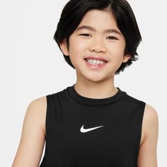 Your child can update their on-the-court style with the Nike Pro SL Youth Top. This sleeveless shirt is so unrestrictive that your child can dribble, shoot, and score without anything getting in the way. And this tank is so comfortable, they'll beg to wear it everywhere you two go, especially with its moisture-wicking fabric and a single-folded hem and flat seams. Features: Sleeveless. Nike Dri-FIT technology. Features centered Nike Swoosh. Single-fold hem and flat seams. Details: Materials: 90% Nike Sleeveless Tops For Sports Events, Nike Black Sleeveless Tank Top, Sleeveless Basketball Top In Athleisure Style, Kawaii Hair, Soccer Shop, Kawaii Hairstyles, Brand Sale, Backpack Sport, Nike Swoosh