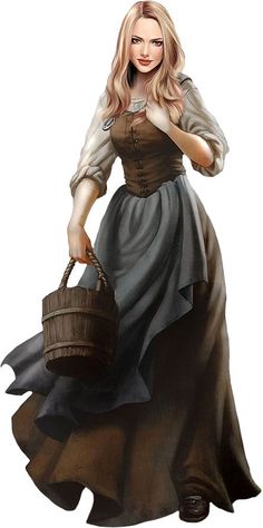 a woman in a long dress holding a basket