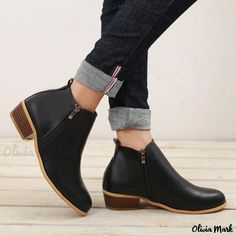 Olivia Mark - New Chunky Heeled Single Shoes with Consistent Supply Casual Office Boots Low Heel, Casual Low Heel Boots For Office, Casual Office Boots With Low Heel, Casual Office Boots With Stacked Heel, Elegant Chunky Heels, Western Shoes, Low Heel Ankle Boots, Elegant Flats, Blue Army