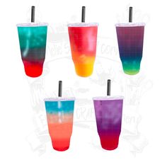 four different colored cups with straws in them