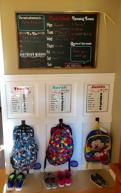 several backpacks and shoes are on display in front of a chalkboard with writing