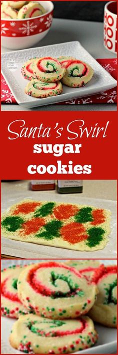 santa's swirl sugar cookies with red and green sprinkles on them