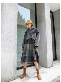 VINTAGE PLAID SPLIT-JOINT HOODIE MIDI DRESS - rrdeye Flower Print Long Dress, Classical Dress, Camouflage Dress, Wide Leg Pant Suit, Cotton Long Dress, Full Dress, Suspender Dress, Silk Maxi Dress, Long Shirt Dress