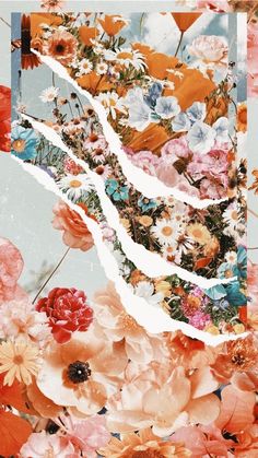 an abstract floral collage with flowers in the center and blue sky above it, overlayed by white paper