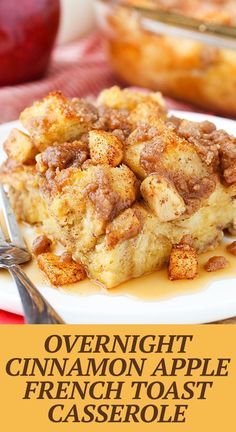 overnight cinnamon apple french toast casserole on a white plate with the title overlay