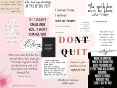 a collage of different types of words and phrases in pink, black and white