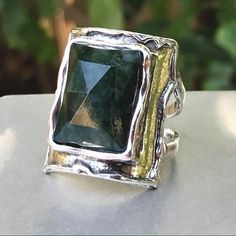 Gorgeous Moss Agate Ring. Moss Agate Is A Rich Green Colored Stone. .925 Sterling Silver Very Ornate. Size 7 Elegant Silver Emerald Ring With Large Stone, Elegant Silver Emerald Ring With Natural Stones, Elegant Silver Moss Agate Rings, Silver Jewelry With Large Rectangular Stone, Unique Silver Emerald Cut Jewelry, Elegant Sterling Silver Crystal Ring With Natural Stones, Unique Emerald Cut Silver Jewelry, Silver Jewelry With Rectangular Natural Stones, Silver Agate Open Ring