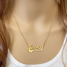 Description: 925 Sterling Silver Gold Plated Name Plate Heart Necklace - Jessica Item No.: C01 Metal Type: .925 Sterling Silver With Stamped 925 Finish: 14k Gold Over Sterling Silver Measurement: 16" - 18 Inches. Pendant: 1.5" X 0.75" Brand New With Box Gold Heart Necklace With Name For Mom, Yellow Necklace With Heart Charm For Gift, Yellow Heart-shaped Jewelry For Mother's Day, Yellow Gold Custom Name Heart Pendant Necklace, Customized Sterling Silver Heart Charm Necklace, Yellow Heart Charm Jewelry For Anniversary, Yellow Jewelry With Heart Charm For Anniversary, Yellow Heart Pendant Jewelry For Anniversary, Yellow Heart Pendant Necklace For Valentine's Day