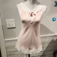 Nwt Adore Me Women's Pink & Ivory Lace Lingerie Sz M Feminine V-neck Camisole For Pajama Party, Chic Pink V-neck Sleepwear, Pink Lace Trim Camisole In Coquette Style, Pink Lace Trim Coquette Camisole, Chic Pink Camisole With Lace Trim, Feminine Bedtime Camisole Top, Feminine Camisole For Daywear, Chic Pink Lace Trim Camisole, Chic Pink Sleepwear For Wedding Night