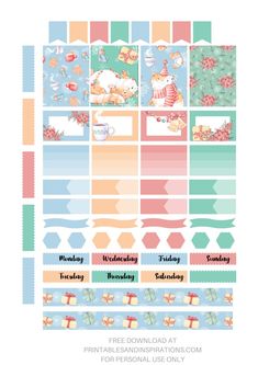 the printable planner stickers are colorful and have different designs on each page, including one