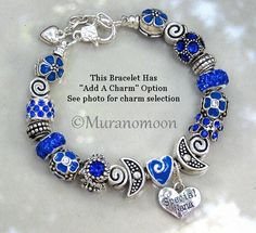 Crystal European Charm Bracelet Royal Blue Crystal Charms Flower and Heart Charms Silver European Charms OPTIONAL - ADD A CHARM Mom Special Mother Nana Special Nana Special Grandma Aunt Special Sister Special Daughter Princess Available In Sizes 8" 8 1/2" 9" each size has 1" additional extension chain *  FREE SHIPPING on orders of $35 or more *  Thank You For Stopping By My Shop           www.muranomoon.com . Pandora Style Bracelet, Special Daughter, Custom Charm Bracelet, Custom Bling, Pandora Style, Custom Charms, Crystal Beads Bracelet, Crystal Charm, Bracelet For Women