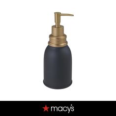 a black soap dispenser with a gold top on a white background that says macy's