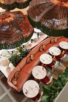 an overhead view of tables and umbrellas in a restaurant