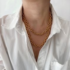 Gold Chunky Double Chain Necklace | Thick Gold Statement Necklace | Gold Chunky Layering Necklace I love a casual statement necklace that you can literally wear with a T-shirt or dress up for dinner! This super comfortable and casual necklace looks like it's layered. It's just such an easy and bold piece that you will reach for all the time! Made with gorgeous deep gold etched chain ------------------------------- M A T E R I A L S  Chain - 24k gold filled ------------------------------- Thanks for supporting our small business❤︎ --------------------------------  L E T ' S * C O N N E C T Check our Instagram for sales and giveaways!  @jordanskyjewelry Enjoy your jewels!! xoxo Chunky Gold Necklaces, Statement Necklace Gold, Double Chain Necklace, Casual Necklaces, Gold Statement Necklace, Double Chain, Layering Necklace, Necklace Gold, Layered Necklaces