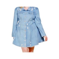 Plus Size Denim Distressed Button Up Dress Denim Distressed Frayed Button Up Dress Light Denim, Long Sleeved, Silver Buttons No Pockets Sizes Xl, 1x, 2x, 3x Xl- 12 1x- 14 2x- 16 3x-18 Pics Wearing 1x Spring Button-up Dress With Snap Buttons, Trendy Light Wash Button-up Denim Dress, Fitted Denim Dress With Button Cuffs, Chic Denim Dress With Button Closure For Fall, Casual Fitted Denim Dress With Button Cuffs, Fitted Button-up Denim Dress With Button Cuffs, Fall Light Wash Denim Dress With Buttons, Chic Long Sleeve Denim Dress With Buttons, Denim Blue Button-up Dress With Buttons