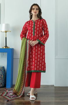 Red Lawn Suit With Digital Print For Spring, Red Digital Print Lawn Suit For Spring, Fitted Red Printed Lawn Suit, Red Lawn Suit With Digital Print For Summer, Red Printed Long Sleeve Lawn Suit, Spring Cotton Suits With Printed Motifs, Spring Cotton Suit With Printed Motifs, Fitted Cotton Printed Suits, Printed Fitted Cotton Suits