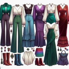 a group of women's clothing and accessories from the early 1900's to 1970's