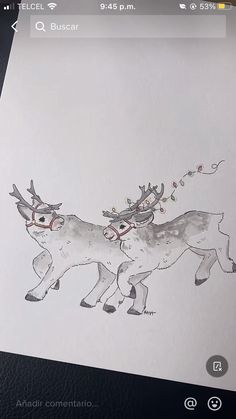 a drawing of two reindeers with antlers on their heads, one is pulling the other