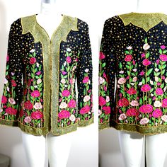 "A true one of a kind beauty! This is one embellished jacket, with embroidery, beads and sequins and it is 100% silk..absolutely stunning in every way!! Excellent condition Measuring: 24\" length 42\" wide Sleeves: 24\" Pet Free/smoke free Enjoy!" Embellished Long Sleeve Silk Outerwear, Embroidered Silk Evening Outerwear, Fitted Party Outerwear With Intricate Embroidery, Silk Sequined Long Sleeve Outerwear, Jacket With Embroidery, Embroidery Beads, Beaded Jacket, Embellished Jacket, Old Dresses