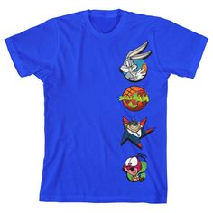 Head to the court with this Space Jam tee. The shirt features Bugs Bunny, Ralph Wolf, and a Nerdluck sitting in colored circles on one side of this tee. The movie's logo appears in green text on an orange basketball between the characters. The tee comes in a royal blue short sleeve crew neck. Fans of the Looney Tunes and the Space Jam movie will love this graphic t-shirt. Blue Sports Tops With Character Print, Blue Sports Top With Character Print, Blue Fan Apparel Tops With Character Print, Blue Character Print Fan Apparel Tops, Blue Tops With Character Print For Fans, Blue Character Print Tops For Fans, Space Jam Characters, Orange Basketball, Royal Blue T Shirt