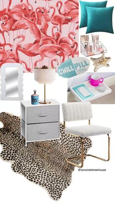 pink flamingos are featured in this collage with leopard print and cheetah rugs